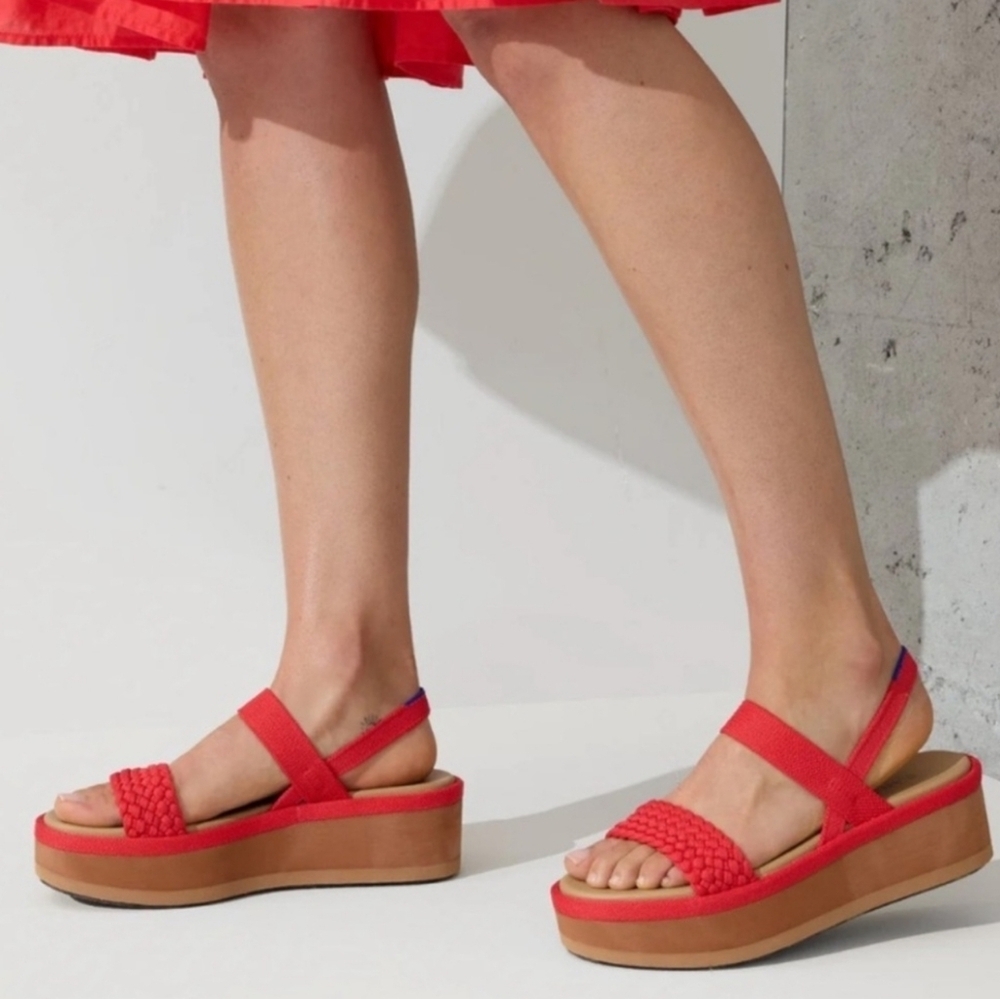Rothy's The Lightweight Wedge Sandals Red Hot Woven 8.5 Braided Strap Like New